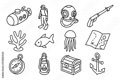 Nautical adventure icons collection: submarine, diver, compass, anchor, and more