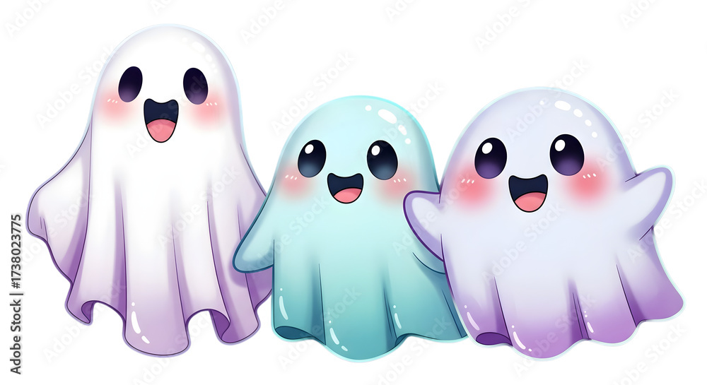Fototapeta premium Three cute, kawaiistyle ghosts with happy expressions isolated on transparent background