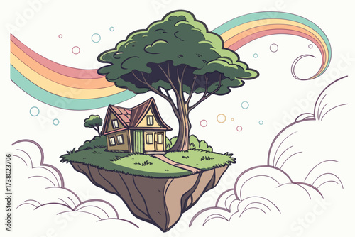 Floating island with house and rainbow sky fantasy