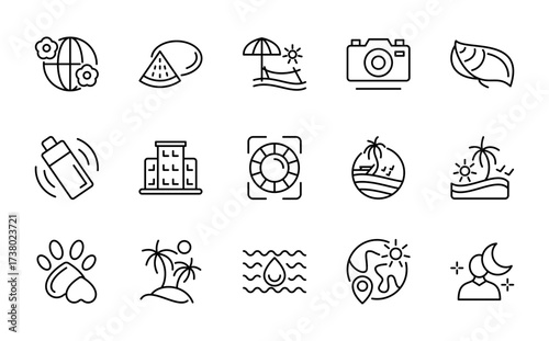 Beach line icon set. Travel, beach, surfing, hotel, tourism, landscape, camera, passport, ice cream, sunset, trip, sea line icon pack.