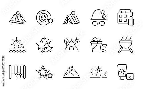 Travel and beach linear icon set. Tourism, surfing, hotel, landscape, trip, sunset, sea, passport, ice cream, vector thin line UI icon pack.