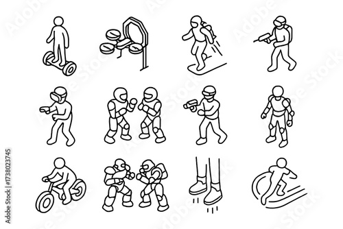 Futuristic activities and tech gadgets in simple linear doodle style
