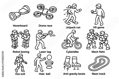 Futuristic activities and gadgets in outline style: drones, hoverboards, and vr adventures