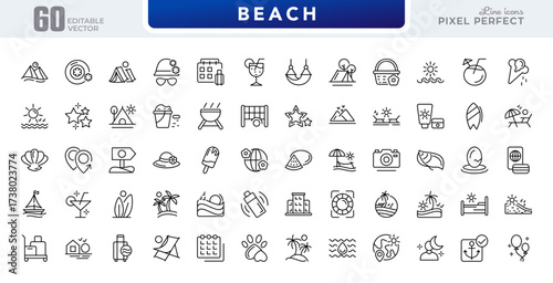 Beach line icon set. Travel, beach, surfing, hotel, tourism, landscape, camera, passport, ice cream, sunset, trip, sea line icon pack. Editable stroke