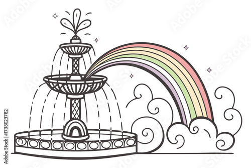 Fountain with rainbow mist and clouds water spray