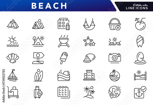 Beach linear icon set. Travel, hotel, vacation, tourism, trip, surfing, sea, landscape, sunset, passport, outline UI thin line pack. Editable stroke