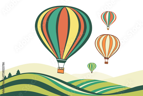 Four colorful hot air balloons float over rolling green hills