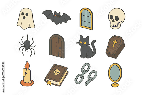 Spooky halloween icons set with ghosts, skulls, and cats in isometric style