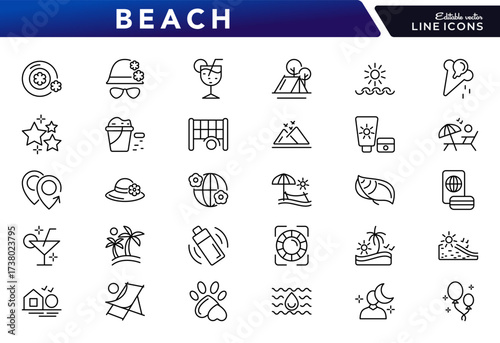 Beach line icon set. travel, beach, surfing, hotel, tourism, landscape, camera, passport, ice cream, sunset, trip, sea vector thin line UI icon pack. Editable stroke