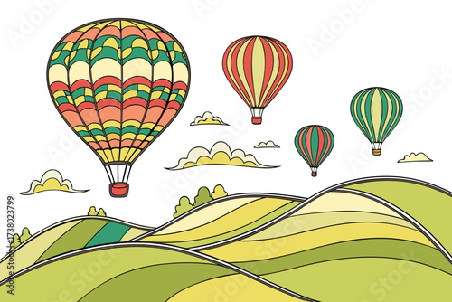 Four colorful hot air balloons float above rolling green hills