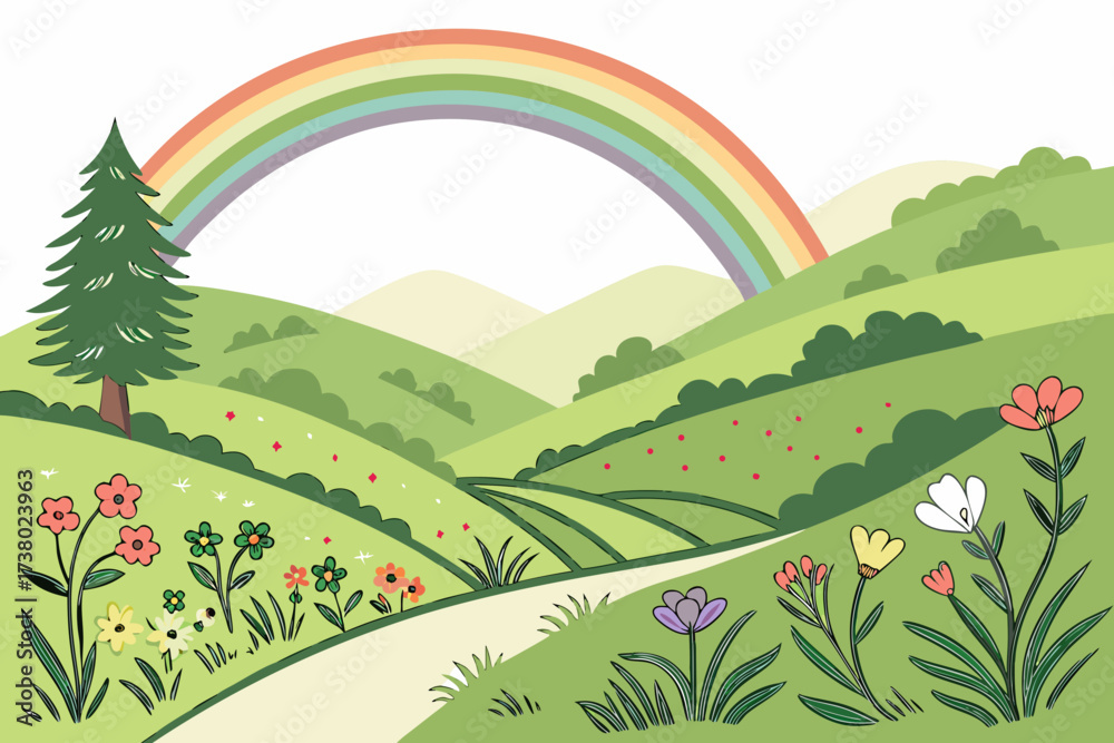 Obraz premium Green Hills Valley with Rainbow and Flowers nature