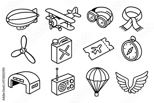 Aviation icons set: retro air travel with bold outlines and classic transport elements
