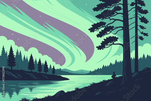 Green and purple aurora over dark pine forest and lake
