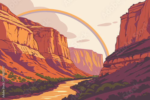 Grand Canyon with Rainbow Sunset Sky vector