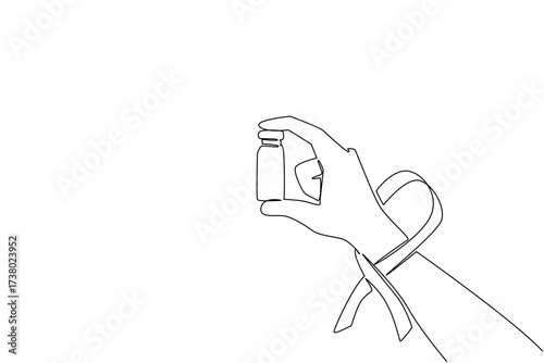 Single continuous line drawing hand holds medical glass vial or vaccine bottle with red ribbon on wrist. Vaccination. Treatment. National HIV Vaccine Awareness Day. One line design vector illustration