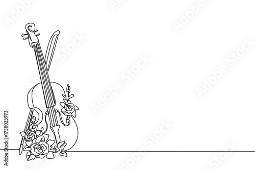 Single continuous line drawing the violin is in a standing position with flowers around it. Heart touching romantic music. Symbolism. Melody. World Fiddle Day. One line design vector illustration