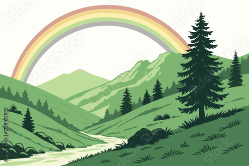 Green mountain valley with a pastel rainbow arching over a river