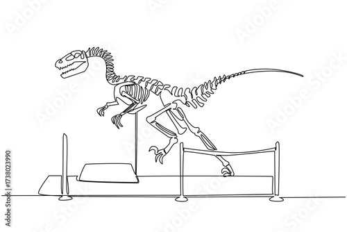 Single one line drawing velociraptor dinosaur skeleton in museum room. Telling about wild animals in the past. Learning tools. International Museum Day. Continuous line design graphic illustration