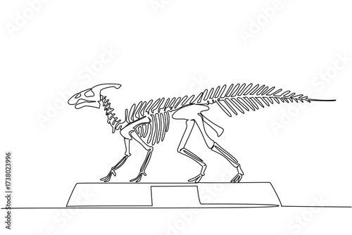 Single one line drawing Parasaurolophus dinosaur skeleton in museum room. Extinct animal with characteristic giant crested kash. International Museum Day. Continuous line design graphic illustration