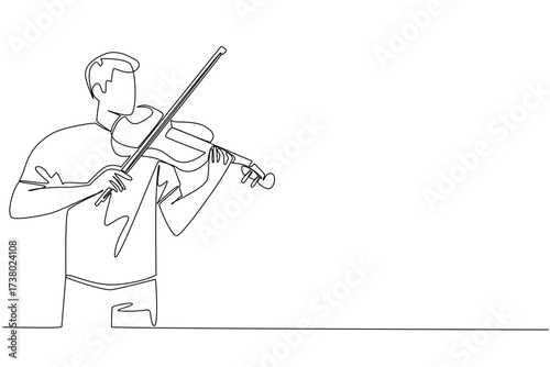 Single one line drawing a man in casual clothes playing the violin. The stunning performance of violinist during the dress rehearsal. World Fiddle Day. Continuous line design graphic illustration