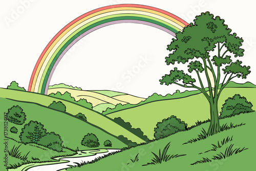 Green rolling hills with a colorful rainbow and a single tree