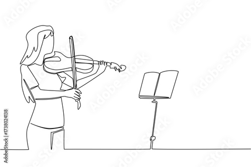 Single continuous line drawing woman in casual clothes is playing the violin in front of the note stand. Closed training strengthens performance. World Fiddle Day. One line design vector illustration