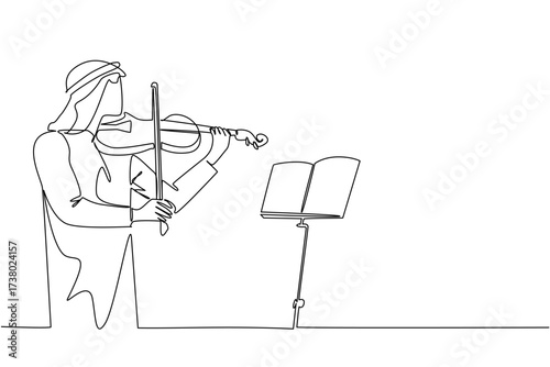 Continuous one line drawing an Arab man playing the violin in front of the note stand. Memorizing the scales for a perfect concert. Sound. World Fiddle Day. Single line draw design vector illustration