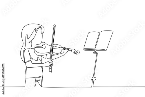 Continuous one line drawing a girl playing the violin in front of the note stand. Study and absorb. Basic tone. Exciting performance. World Fiddle Day. Single line draw design vector illustration