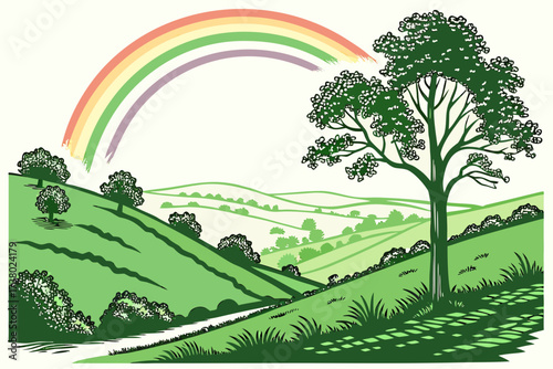 Green rolling hills with a rainbow and trees landscape