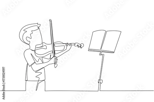 Single continuous line drawing a little boy playing the violin in front of the note stand. First day of the course. Soaking up every note. Sound. World Fiddle Day. One line design vector illustration