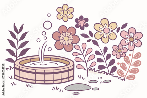 Hot spring with colorful flowers and foliage water