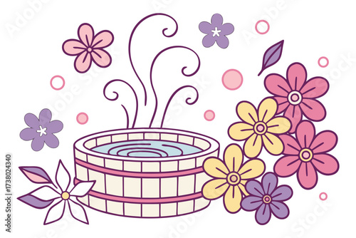 Hot spring with steam surrounded by colorful flowers and leaves