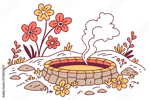 Hot spring with colorful flowers and steam nature outdoor
