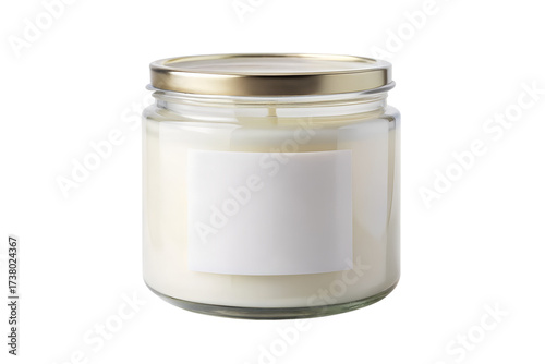 A clear glass jar filled with a white creamy substance and a blank white label on a metallic lid isolated on transparent background
