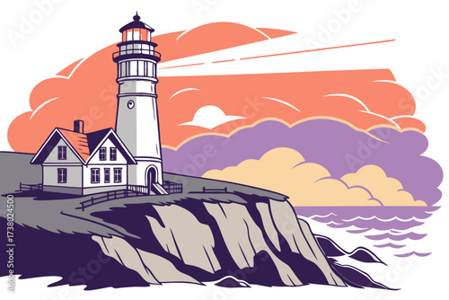 Lighthouse on cliff at sunset with ocean waves seaside