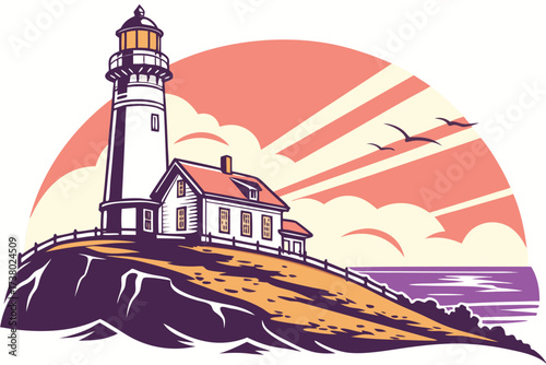 Lighthouse on cliff at sunset with birds seaside ocean