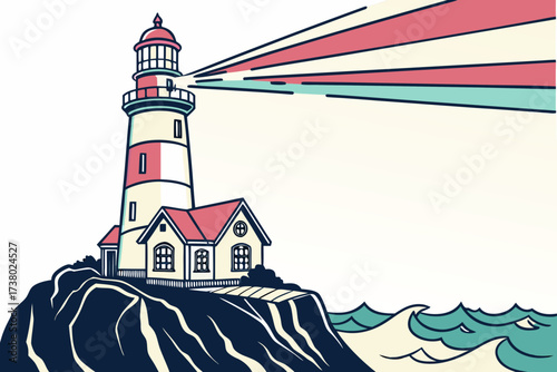 Lighthouse on cliff with colorful beams over ocean waves