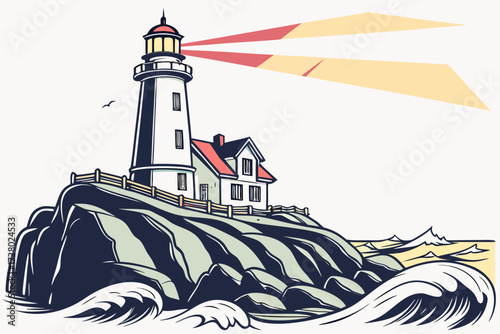 Lighthouse on cliff with colorful light beams and ocean waves