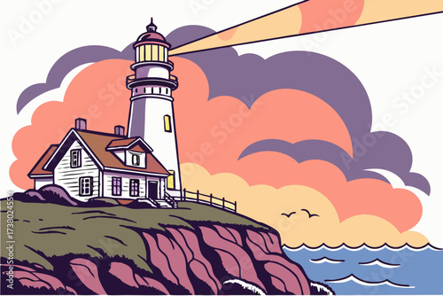 Lighthouse on cliff with colorful sunset and ocean