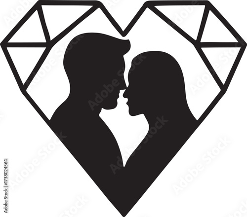 Couple silhouette inside diamond heart, romantic Valentine’s design perfect for love and celebration.