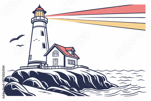 Lighthouse with colorful beams on a rocky coast beacon 1
