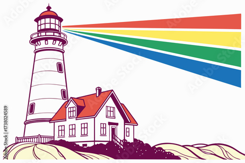 Lighthouse with colorful beams and dwelling on white background