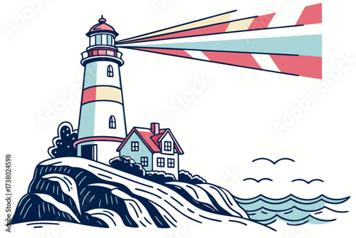 Lighthouse with colorful beams on a rocky coast beacon