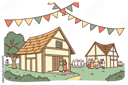 Medieval village festival with colorful bunting and people