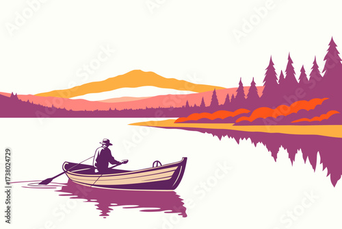 Man rowing boat on colorful lake with mountain and forest background