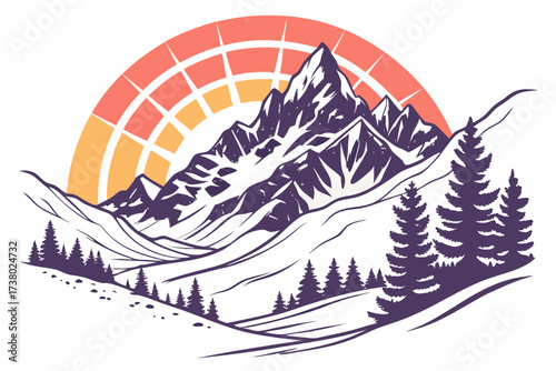 Majestic mountain range with sunrise and pine trees