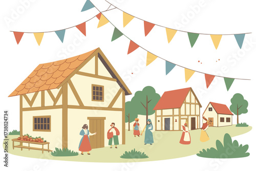 Medieval village festival with colorful flags and people