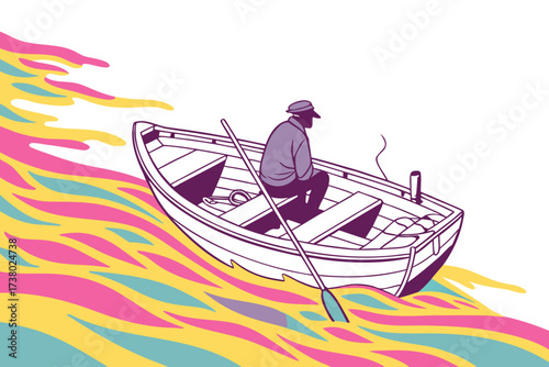 Man in rowboat on colorful abstract waves fisherman