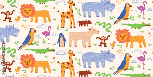 Playful animal pattern with lion, giraffe, parrot, hippo, crocodile, flamingo, penguin, monkey and duck, snake and clouds. Crayon style seamless vector for kids textile, wallpaper, print