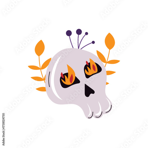 Cute cartoon Halloween skull with flames in eyes and autumnal leaves on white background